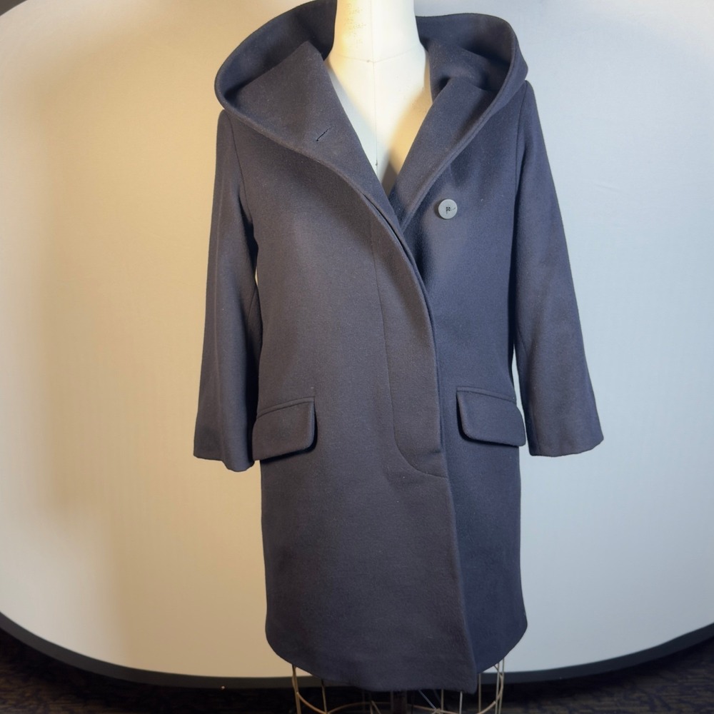 Fleurette Womens Hooded Wool Overcoat Navy Blue‎ Minimalist Long Jacket
